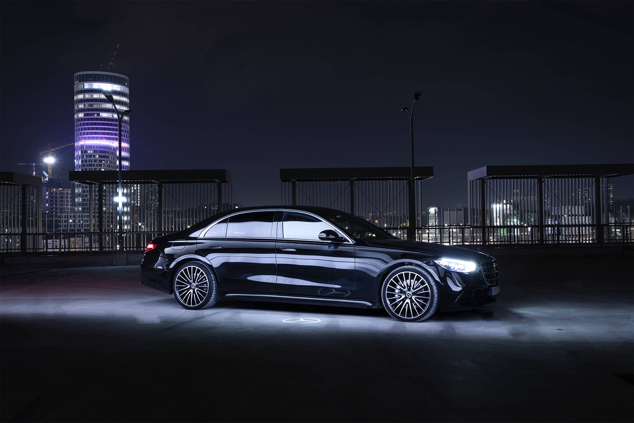 Mercedes S Class Parked Under The Spotlight